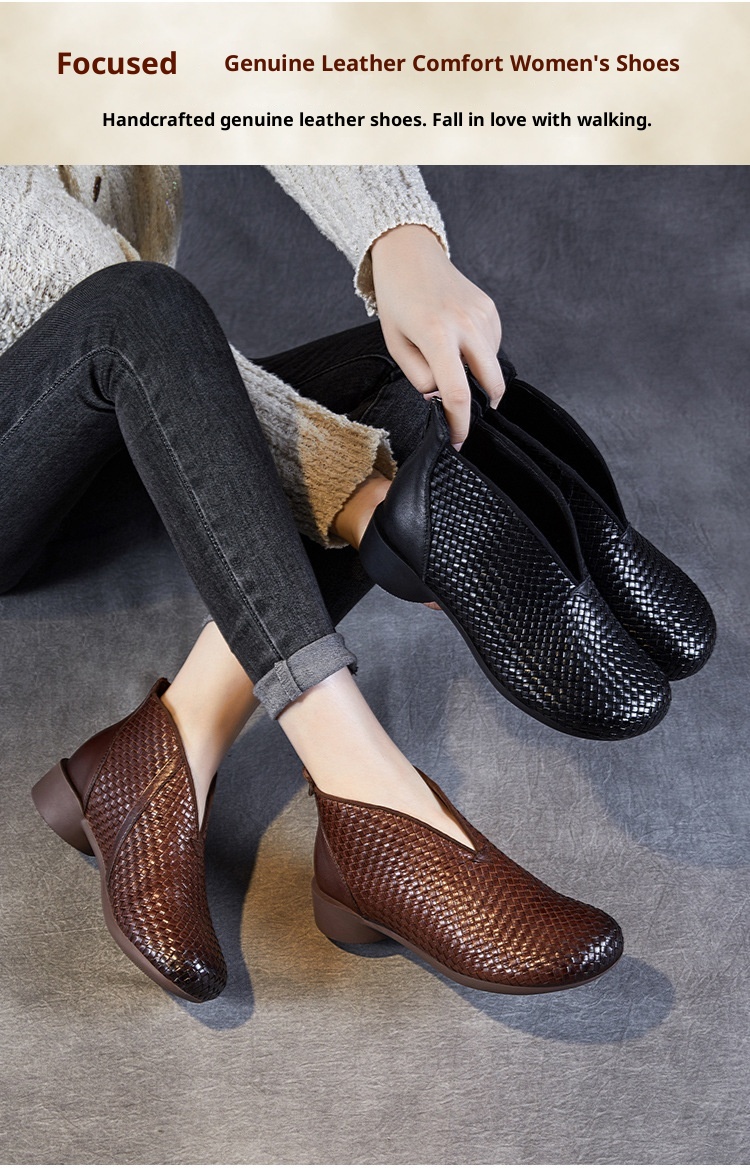 Chaussures montantes ShoeVault Vintage Original New Flat And Bare Short Woven Handmade en cuir véritable pour femmes, fermeture éclair arrière, bottines simples_voghion.com