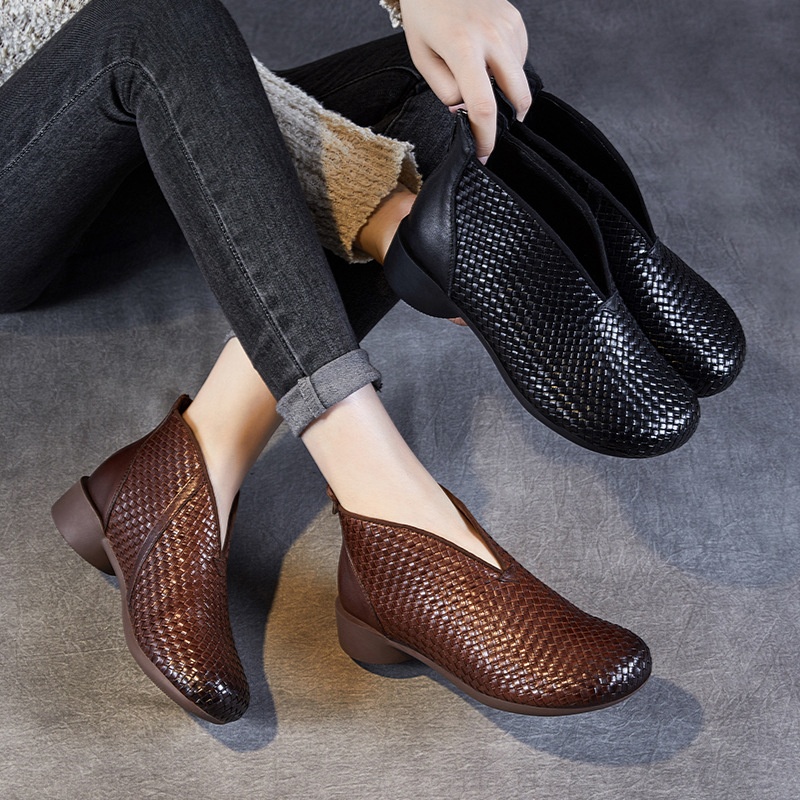 Chaussures montantes ShoeVault Vintage Original New Flat And Bare Short Woven Handmade en cuir véritable pour femmes, fermeture éclair arrière, bottines simples_voghion.com