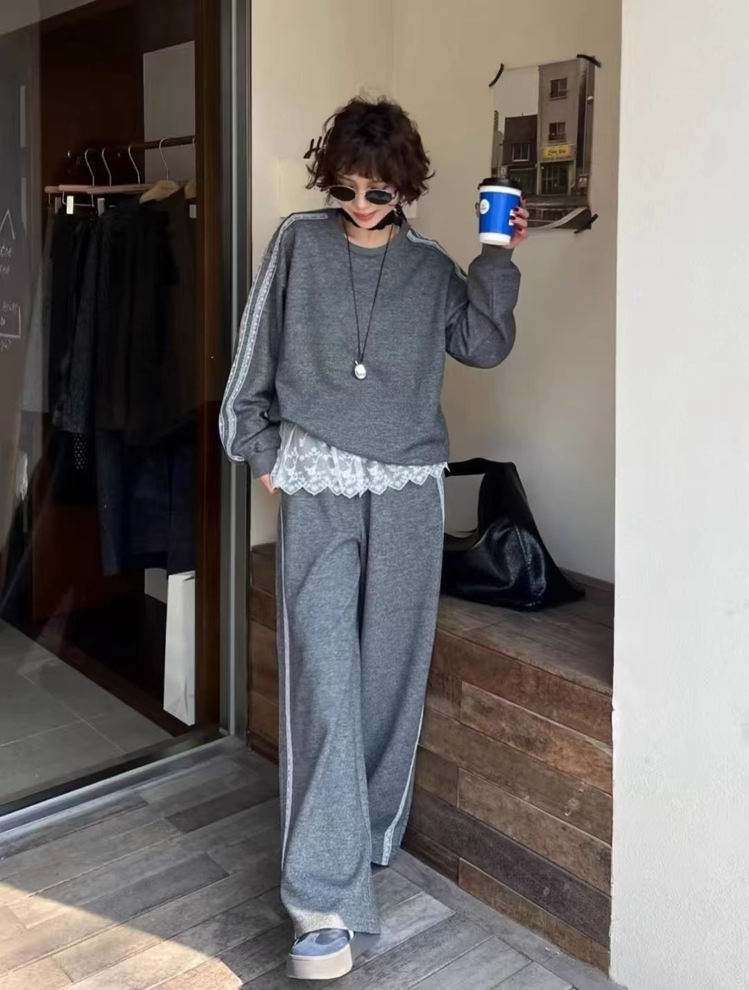 001 Women's Sports Suit Spring Autumn 2025 Fashionable Stylish Casual Gray Loose Sweatshirt With Lace Lazy Wide Leg_voghion.com