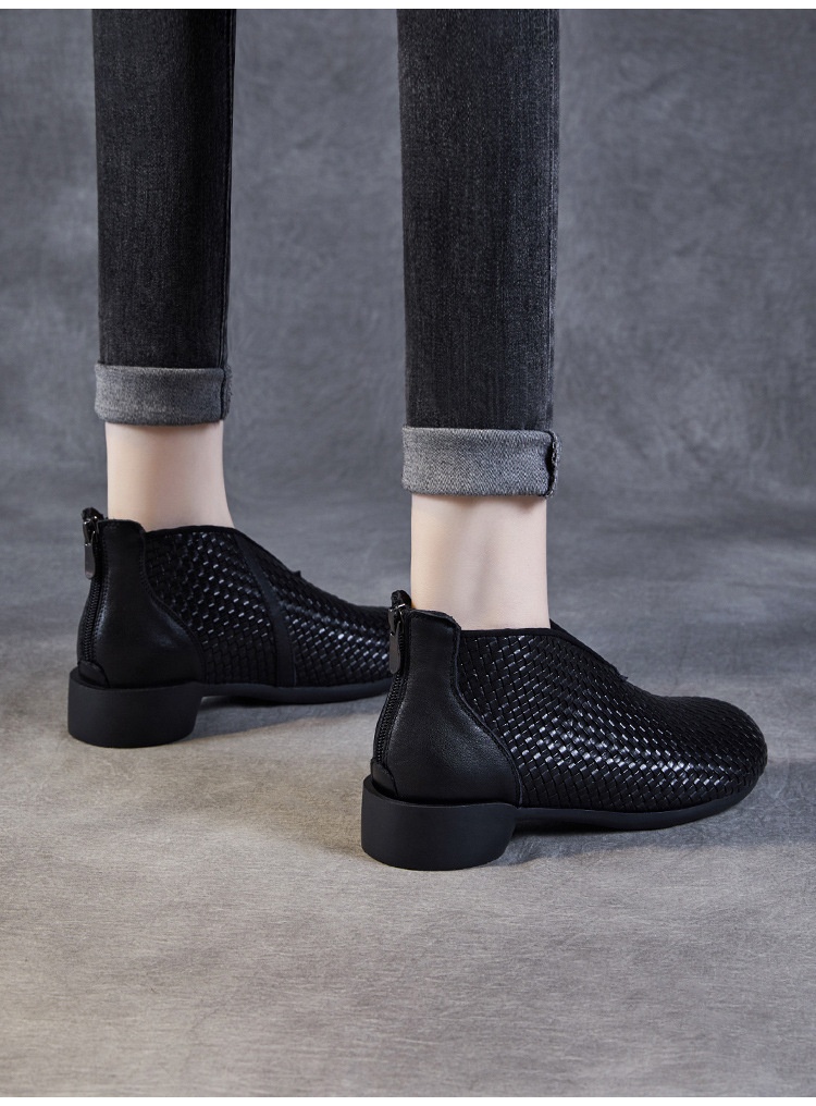 Chaussures montantes ShoeVault Vintage Original New Flat And Bare Short Woven Handmade en cuir véritable pour femmes, fermeture éclair arrière, bottines simples_voghion.com
