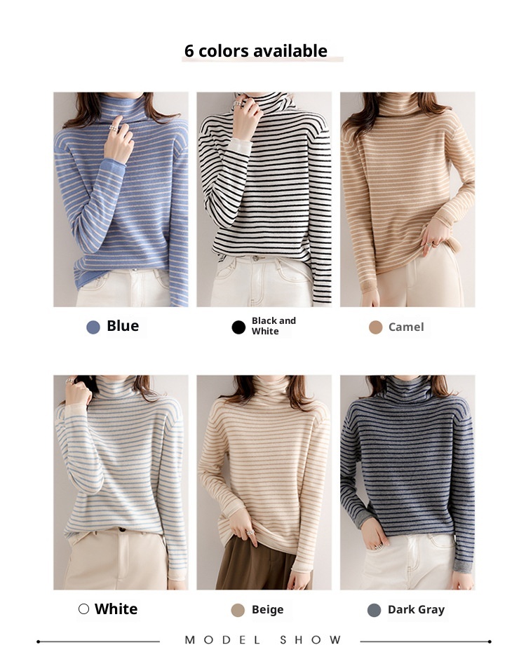 GraceChic GraceChic GraceChic Striped Turtleneck For Women, Autumn Winter 2022 New Simple Versatile Pile Collar Base Shirt, Color Block Slim Fit_voghion.com