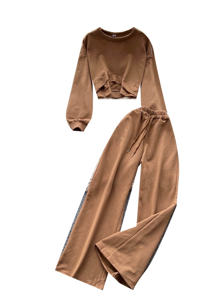 001 Tuta sportiva casual da donna, felpa autunnale a maniche lunghe con scollo rotondo e corto, pantaloni larghi a vita alta e snellenti_voghion.com