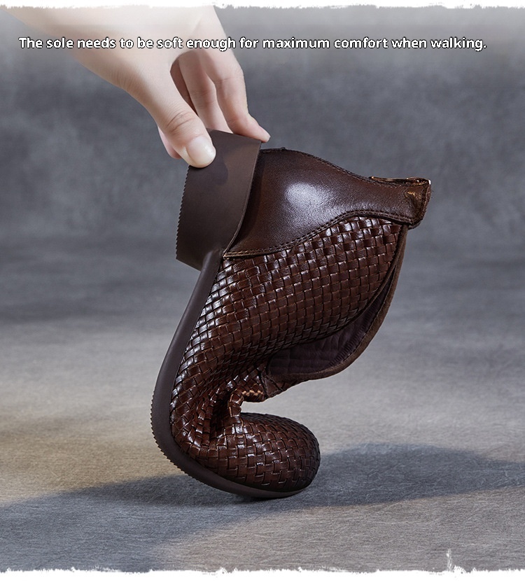 Chaussures montantes ShoeVault Vintage Original New Flat And Bare Short Woven Handmade en cuir véritable pour femmes, fermeture éclair arrière, bottines simples_voghion.com