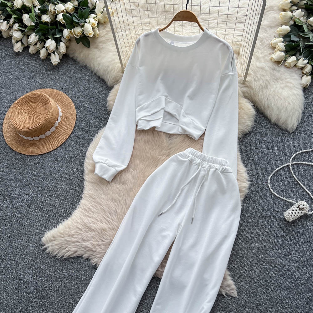 001 Tuta sportiva casual da donna, felpa autunnale a maniche lunghe con scollo rotondo e corto, pantaloni larghi a vita alta e snellenti_voghion.com