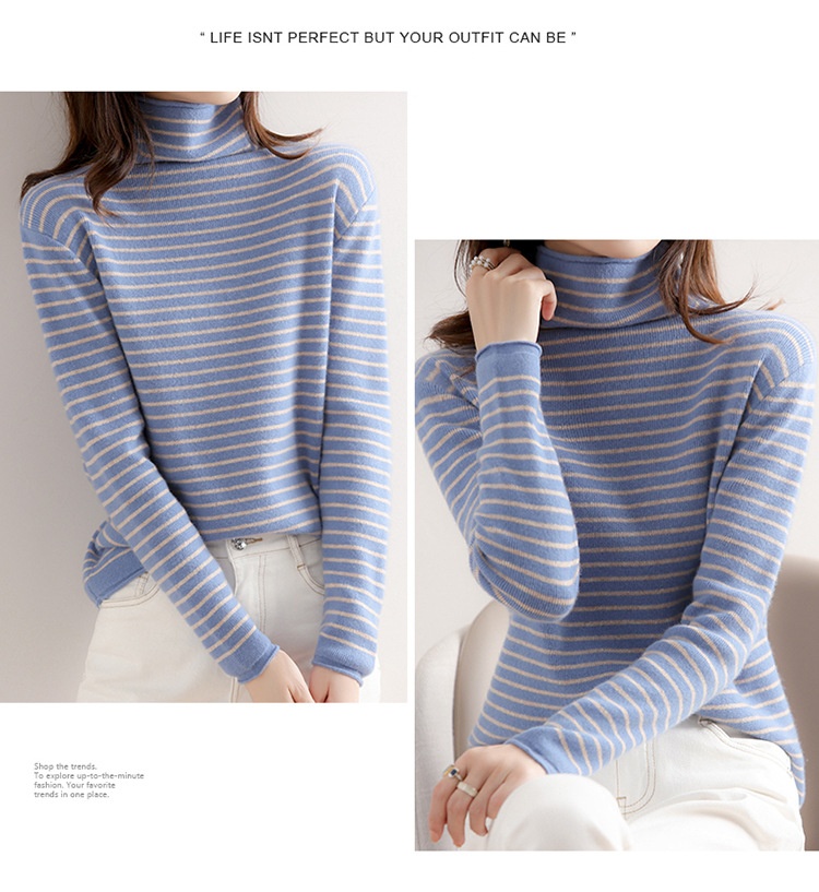 GraceChic GraceChic GraceChic Striped Turtleneck For Women, Autumn Winter 2022 New Simple Versatile Pile Collar Base Shirt, Color Block Slim Fit_voghion.com