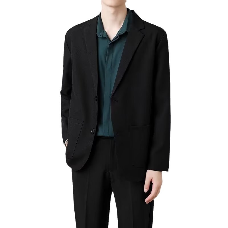 Ragazzo maturo uomo nero set elegante drappeggiato di alta qualità piccolo abito JK uniforme stile strada giacca casual_voghion.com