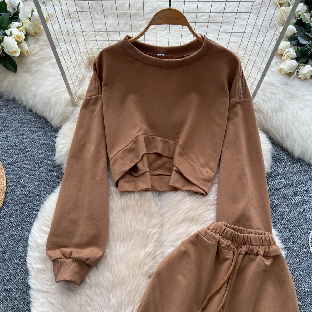 001 Tuta sportiva casual da donna, felpa autunnale a maniche lunghe con scollo rotondo e corto, pantaloni larghi a vita alta e snellenti_voghion.com