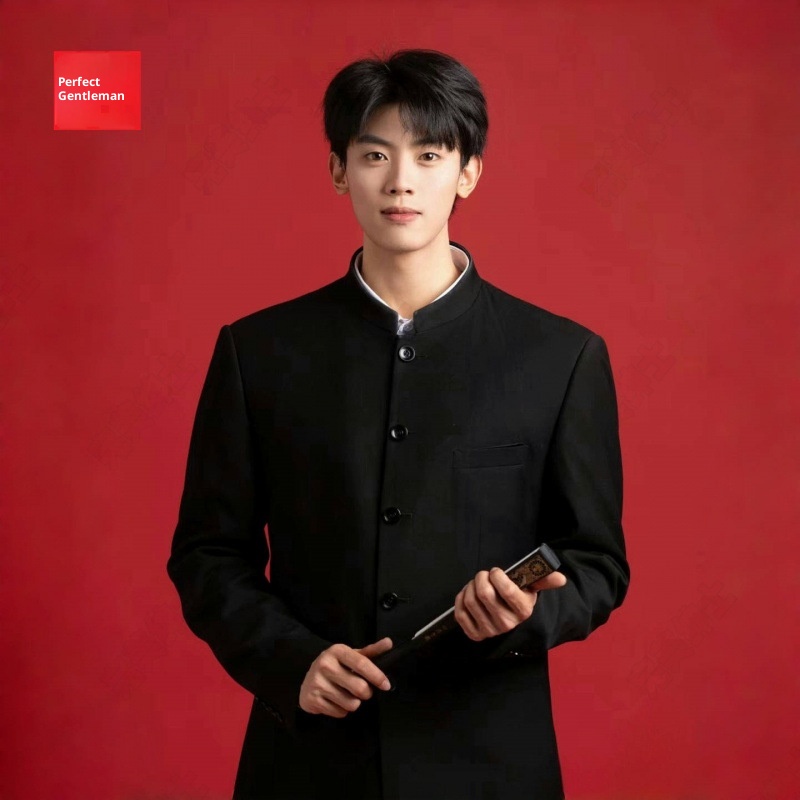 boy New Chinese Style Zhongshan Engagement Certificate Men's Casual Suit Handsome High-end Stand Collar Jacket_voghion.com