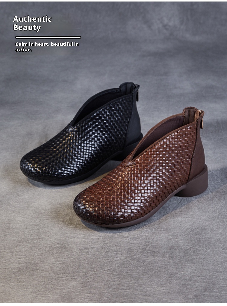 Chaussures montantes ShoeVault Vintage Original New Flat And Bare Short Woven Handmade en cuir véritable pour femmes, fermeture éclair arrière, bottines simples_voghion.com