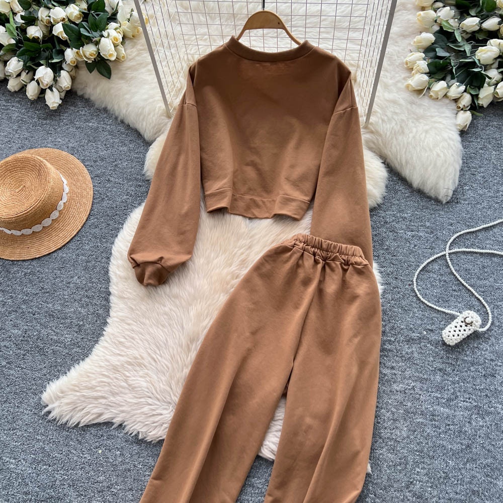 001 Tuta sportiva casual da donna, felpa autunnale a maniche lunghe con scollo rotondo e corto, pantaloni larghi a vita alta e snellenti_voghion.com