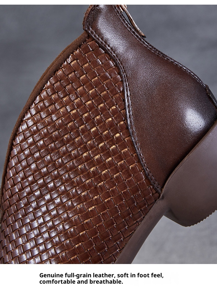 Chaussures montantes ShoeVault Vintage Original New Flat And Bare Short Woven Handmade en cuir véritable pour femmes, fermeture éclair arrière, bottines simples_voghion.com