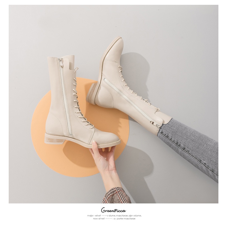 ShoeVault Genuine Leather Martin 2023 New British Style White Short For Women Spring And Autumn Mid-Calf Riding Boots With Fleece_voghion.com