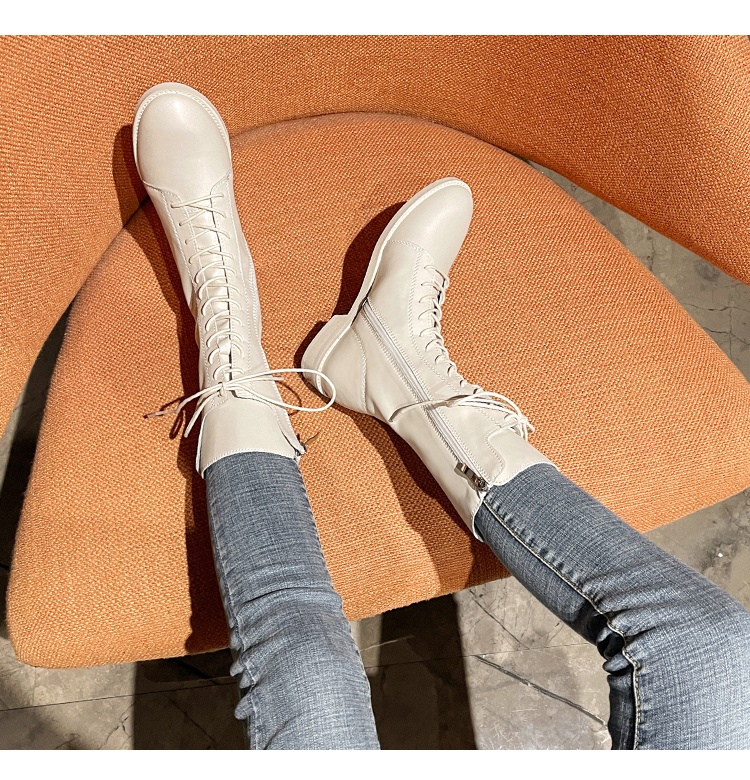 ShoeVault Genuine Leather Martin 2023 New British Style White Short For Women Spring And Autumn Mid-Calf Riding Boots With Fleece_voghion.com