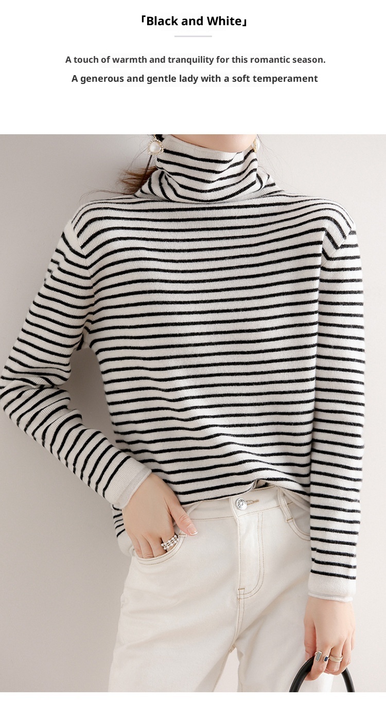 GraceChic GraceChic GraceChic Striped Turtleneck For Women, Autumn Winter 2022 New Simple Versatile Pile Collar Base Shirt, Color Block Slim Fit_voghion.com
