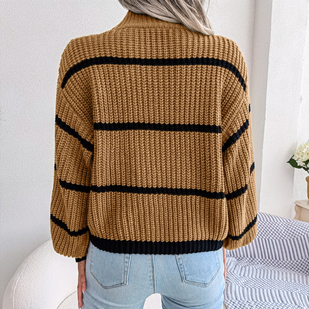GraceChic GraceChic GraceChic 2023 Cross-Border Autumn Winter European And American Style Casual Striped Lantern Sleeve Half Turtleneck Knitted_voghion.com
