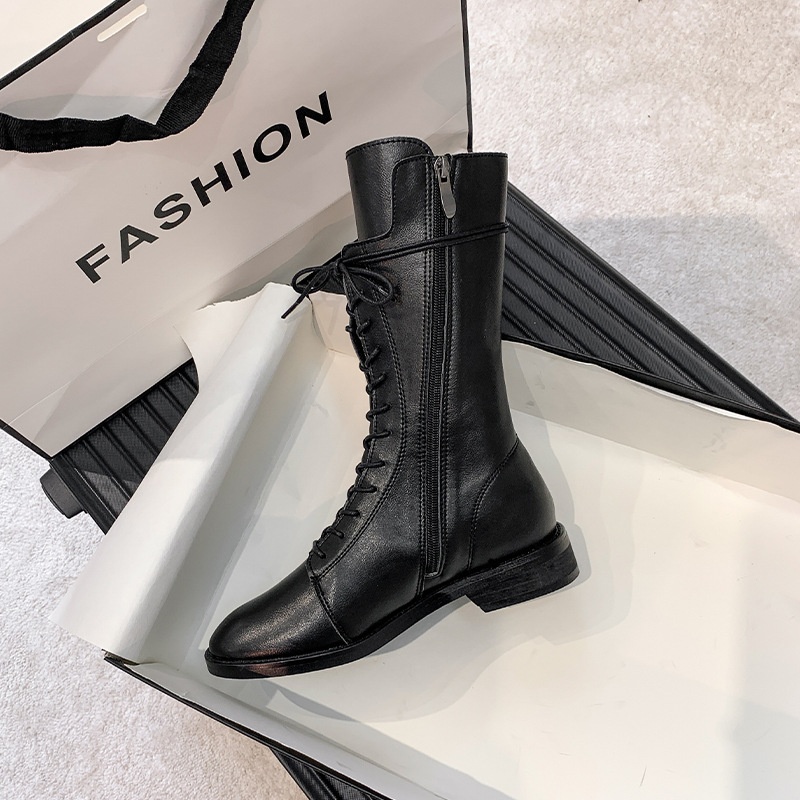 ShoeVault Genuine Leather Martin 2023 New British Style White Short For Women Spring And Autumn Mid-Calf Riding Boots With Fleece_voghion.com