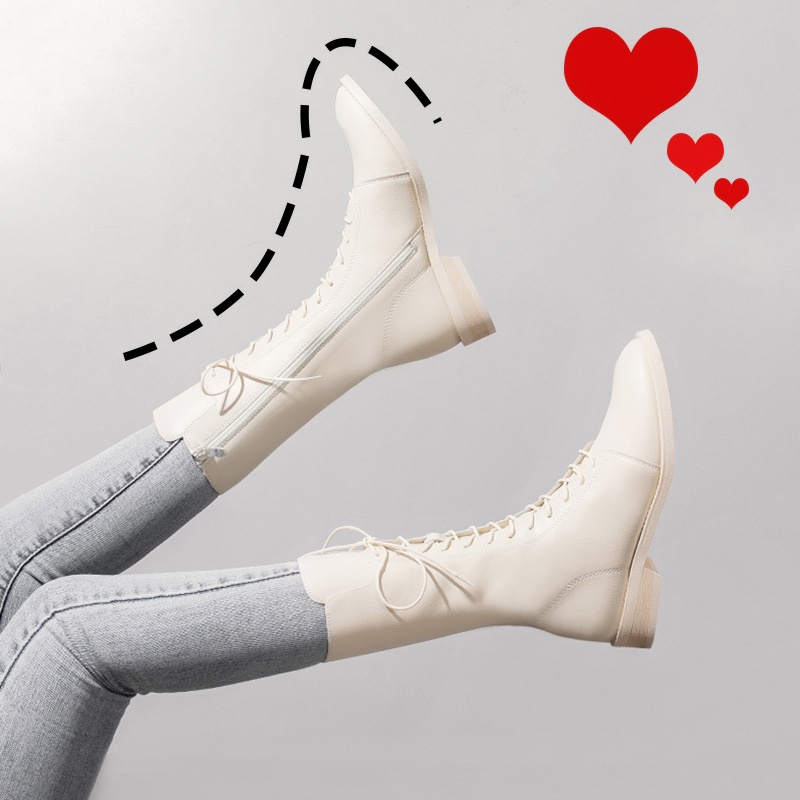 ShoeVault Genuine Leather Martin 2023 New British Style White Short For Women Spring And Autumn Mid-Calf Riding Boots With Fleece_voghion.com