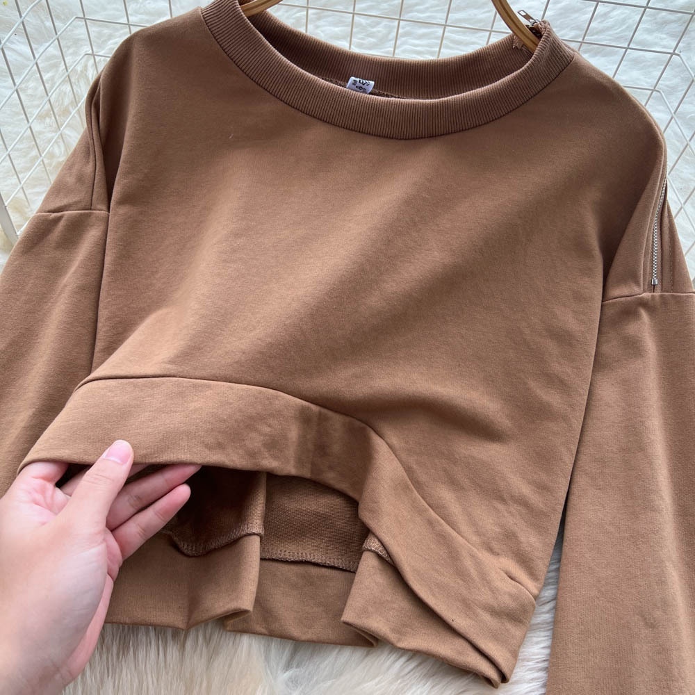 001 Tuta sportiva casual da donna, felpa autunnale a maniche lunghe con scollo rotondo e corto, pantaloni larghi a vita alta e snellenti_voghion.com