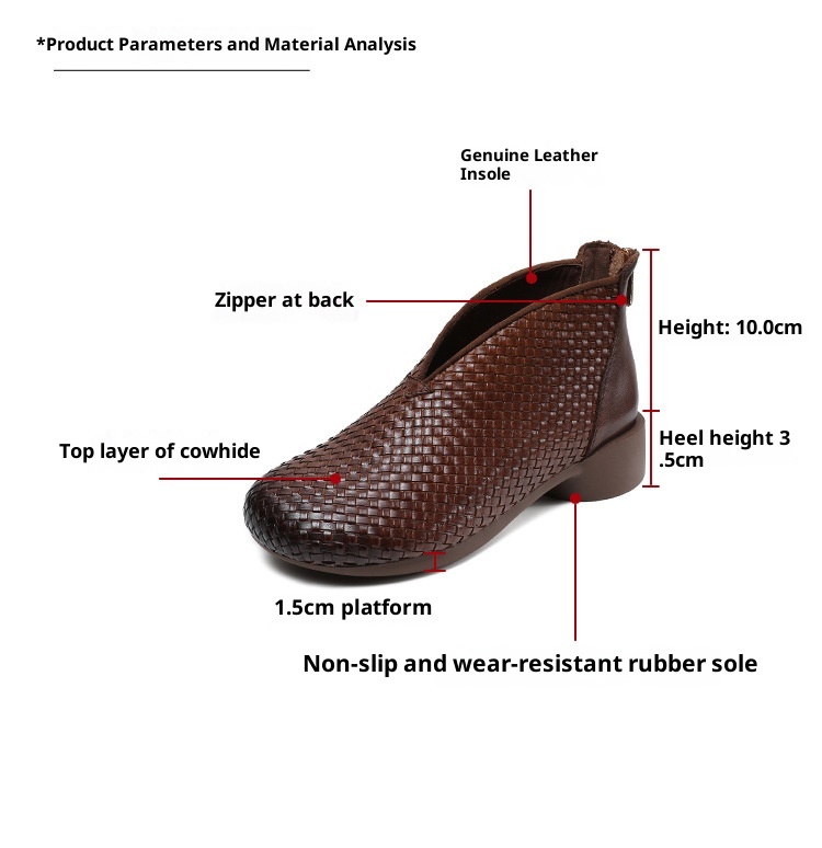 Chaussures montantes ShoeVault Vintage Original New Flat And Bare Short Woven Handmade en cuir véritable pour femmes, fermeture éclair arrière, bottines simples_voghion.com