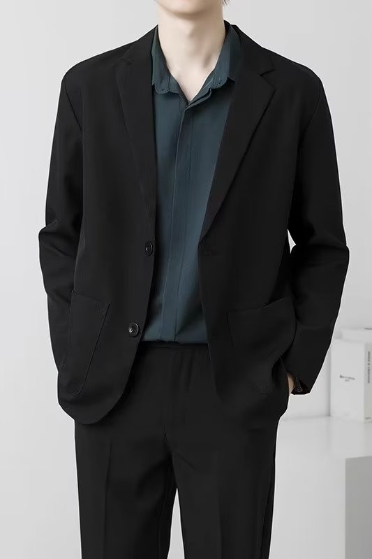 Ragazzo maturo uomo nero set elegante drappeggiato di alta qualità piccolo abito JK uniforme stile strada giacca casual_voghion.com