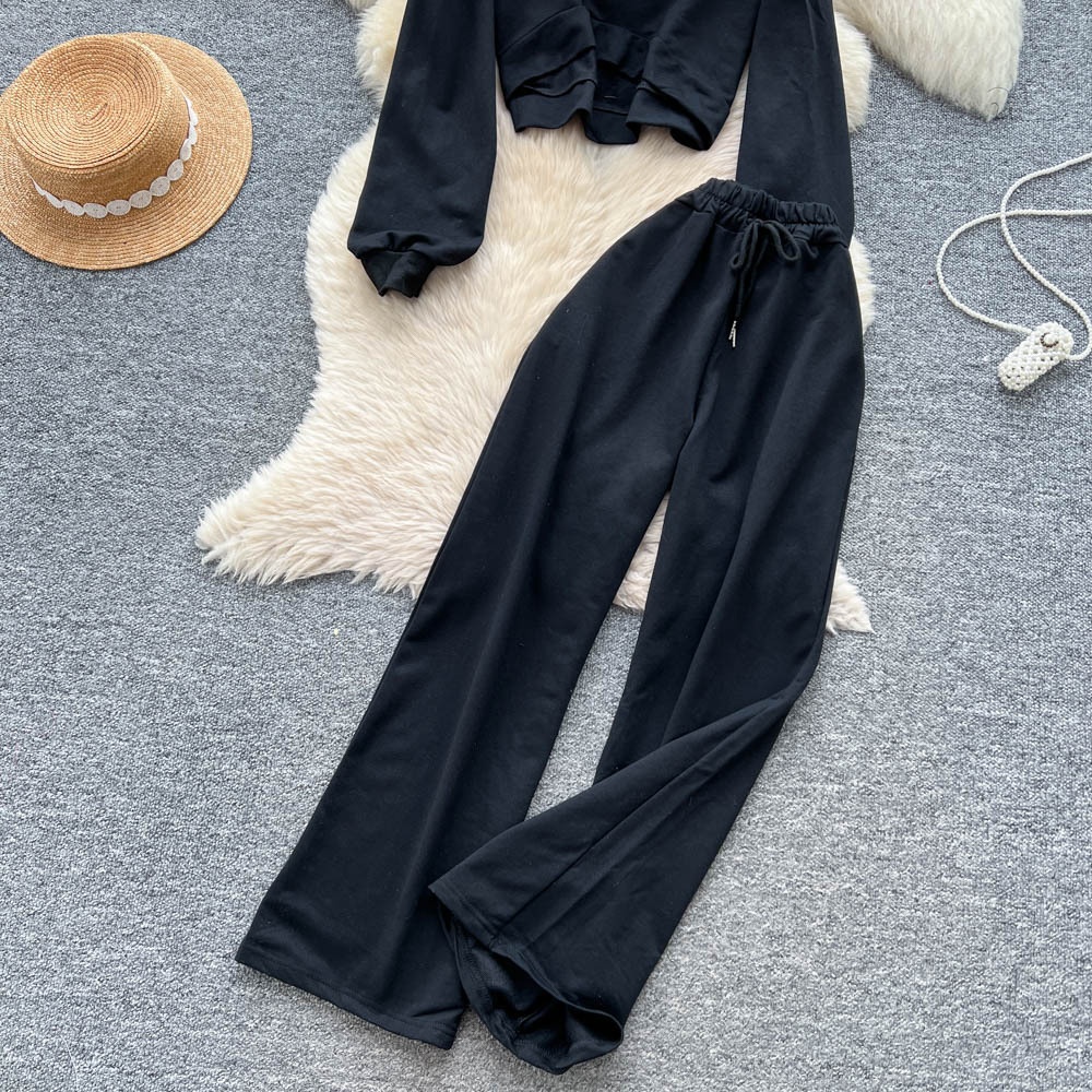 001 Tuta sportiva casual da donna, felpa autunnale a maniche lunghe con scollo rotondo e corto, pantaloni larghi a vita alta e snellenti_voghion.com