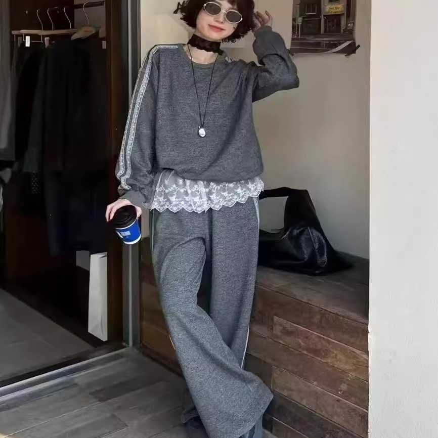 001 Women's Sports Suit Spring Autumn 2025 Fashionable Stylish Casual Gray Loose Sweatshirt With Lace Lazy Wide Leg_voghion.com
