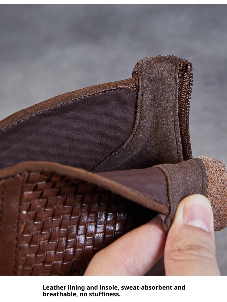 Chaussures montantes ShoeVault Vintage Original New Flat And Bare Short Woven Handmade en cuir véritable pour femmes, fermeture éclair arrière, bottines simples_voghion.com