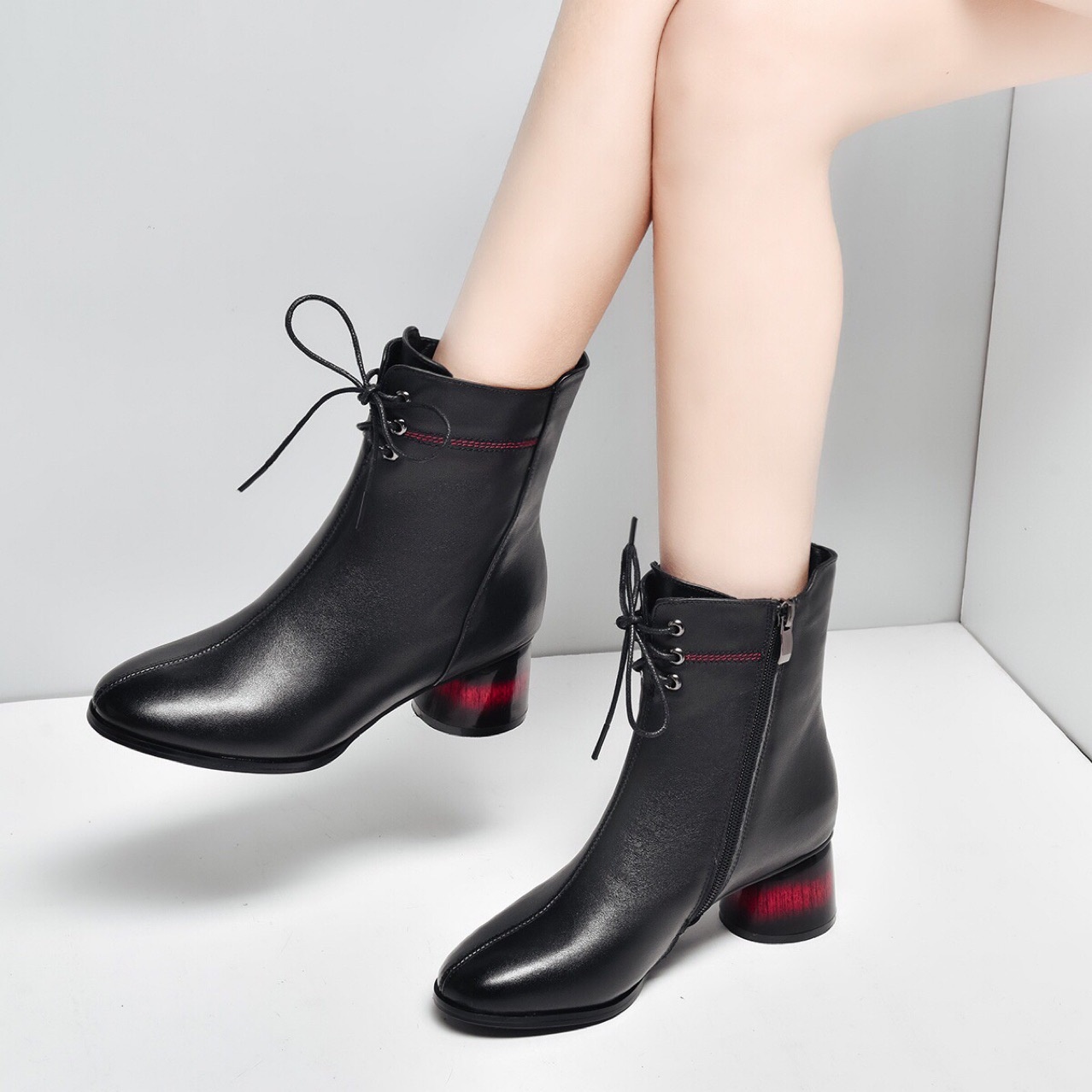 Bottes courtes ShoeVault en cuir véritable, collection automne-hiver 2023, style Martin, bout rond, talon épais, doublure polaire, pour femme._voghion.com