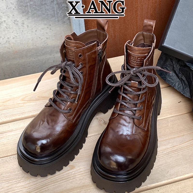 ShoeVault Genuine Leather Martin For Women, Thick Sole, Height Increasing, Chunky Heel, Short Winter New Style, Fleece Lined,_voghion.com