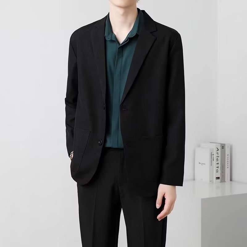 Ragazzo maturo uomo nero set elegante drappeggiato di alta qualità piccolo abito JK uniforme stile strada giacca casual_voghion.com