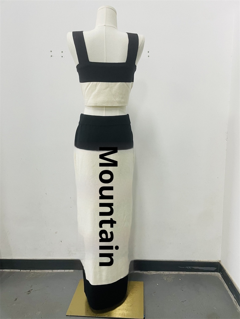 ChicShe Vêtements pour femmes transfrontaliers européens, américains et du Moyen-Orient, ensemble gilet et débardeur rayé en maille noir et blanc_voghion.com