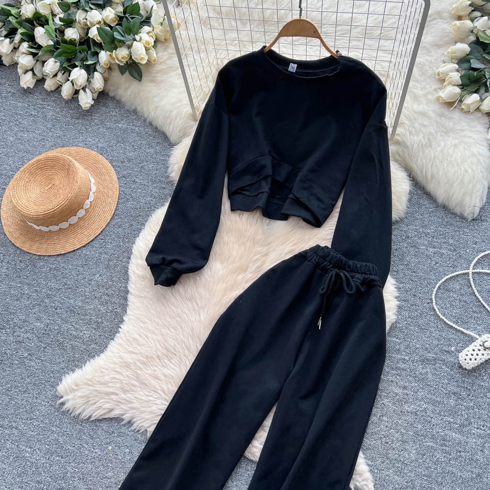 001 Tuta sportiva casual da donna, felpa autunnale a maniche lunghe con scollo rotondo e corto, pantaloni larghi a vita alta e snellenti_voghion.com