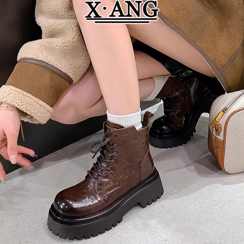 ShoeVault Genuine Leather Martin For Women, Thick Sole, Height Increasing, Chunky Heel, Short Winter New Style, Fleece Lined,_voghion.com