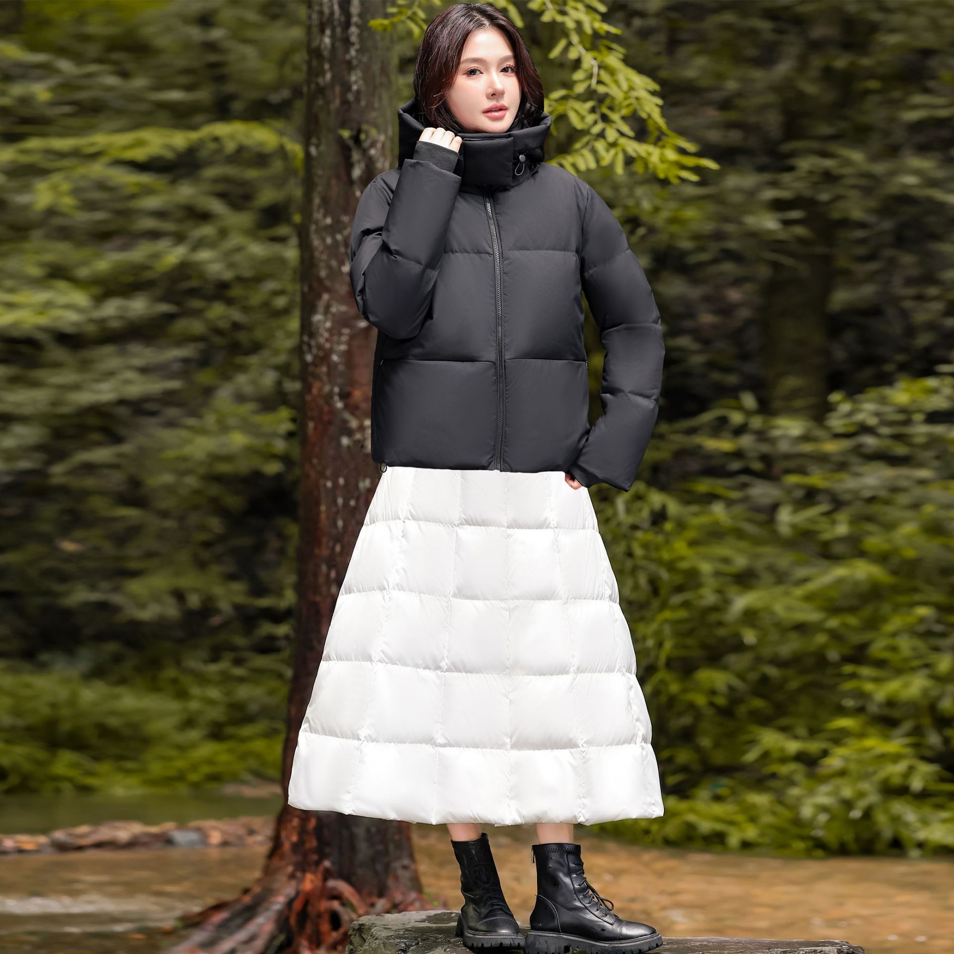 Veste épaisse ChicShe 90 en toile de canard blanche, coupe trapèze, mi-longue, coupe-vent, chaude, idéale pour le cyclisme. Jupe en duvet._voghion.com