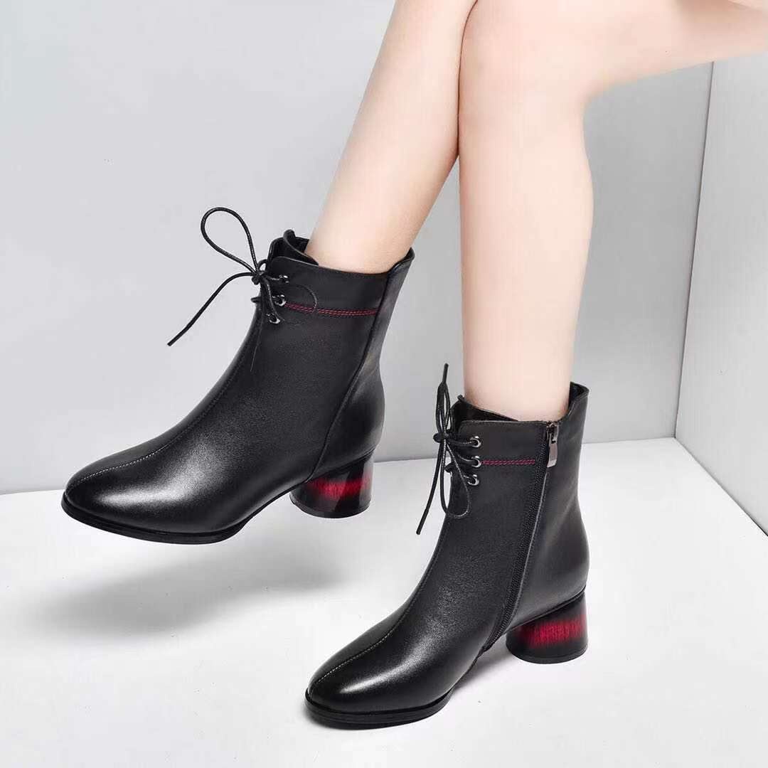 Bottes courtes ShoeVault en cuir véritable, collection automne-hiver 2023, style Martin, bout rond, talon épais, doublure polaire, pour femme._voghion.com