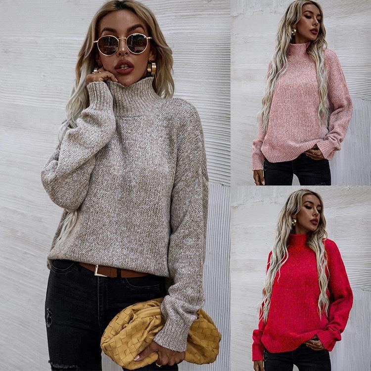 GraceChic GraceChic GraceChic 2024 Autumn Winter New Solid Color Top European And American Foreign Trade Loose Half Turtleneck Pullover Sweater_voghion.com