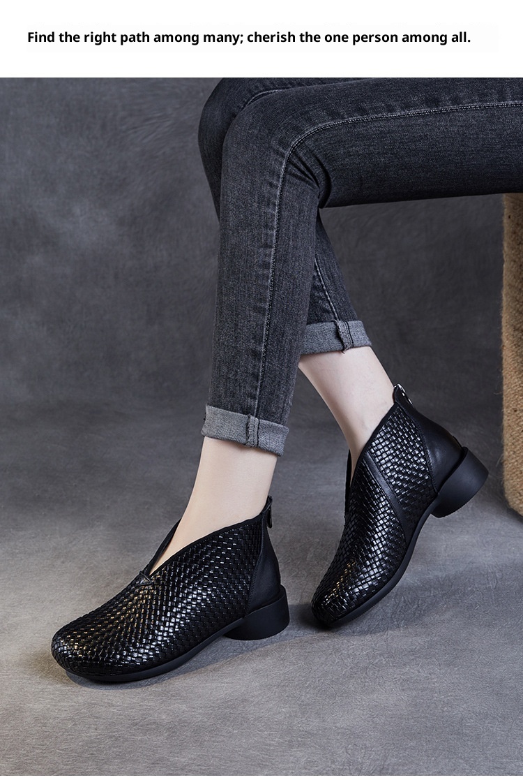 Chaussures montantes ShoeVault Vintage Original New Flat And Bare Short Woven Handmade en cuir véritable pour femmes, fermeture éclair arrière, bottines simples_voghion.com
