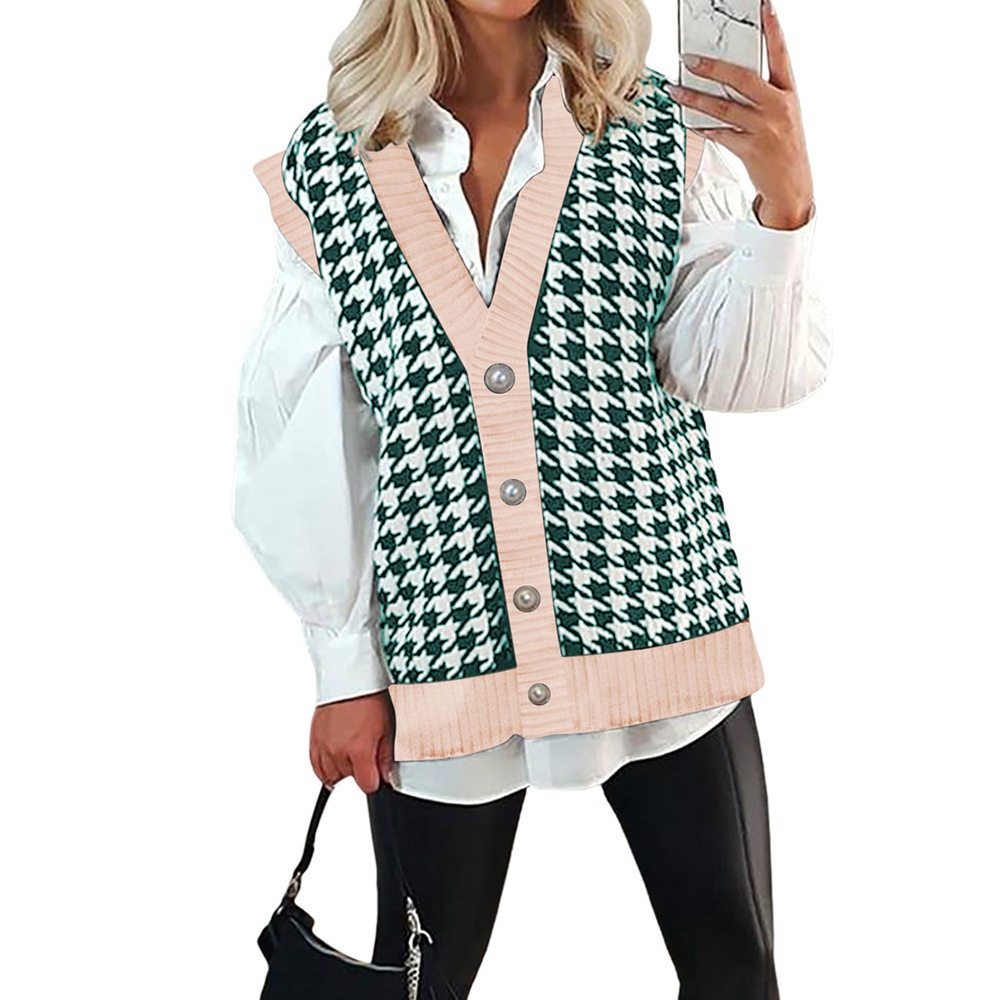 GraceChic GraceChic GraceChic Collection Automne-Hiver 2021 Gilet sans manches à carreaux pour femme, style européen et américain, col en V, simple boutonnage_voghion.com