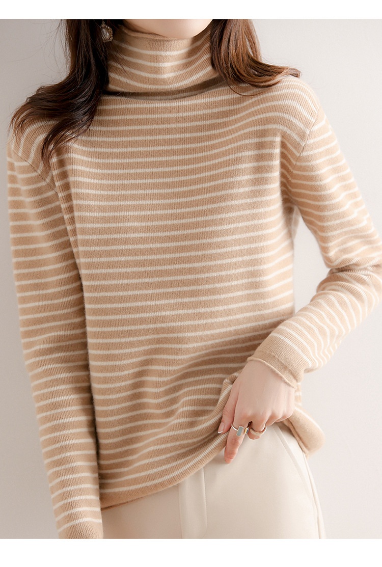 GraceChic GraceChic GraceChic Striped Turtleneck For Women, Autumn Winter 2022 New Simple Versatile Pile Collar Base Shirt, Color Block Slim Fit_voghion.com