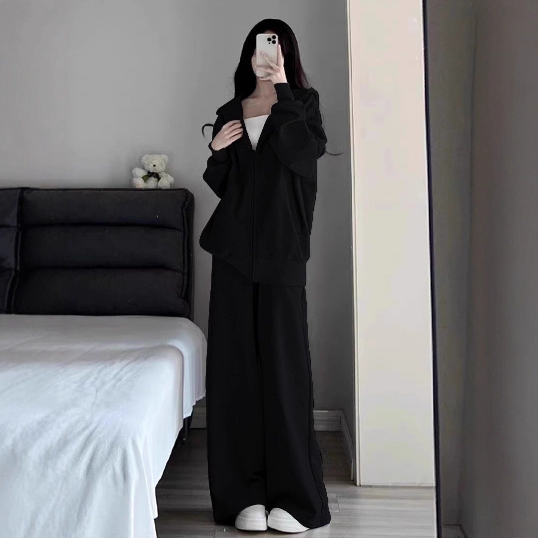 001 2025 Nieuwe herfst-winter losse grijze sweatshirt met capuchon en wijde broek, tweedelige set voor dames_voghion.com