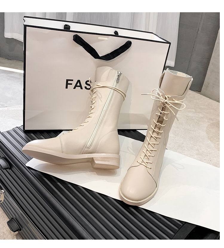 ShoeVault Genuine Leather Martin 2023 New British Style White Short For Women Spring And Autumn Mid-Calf Riding Boots With Fleece_voghion.com