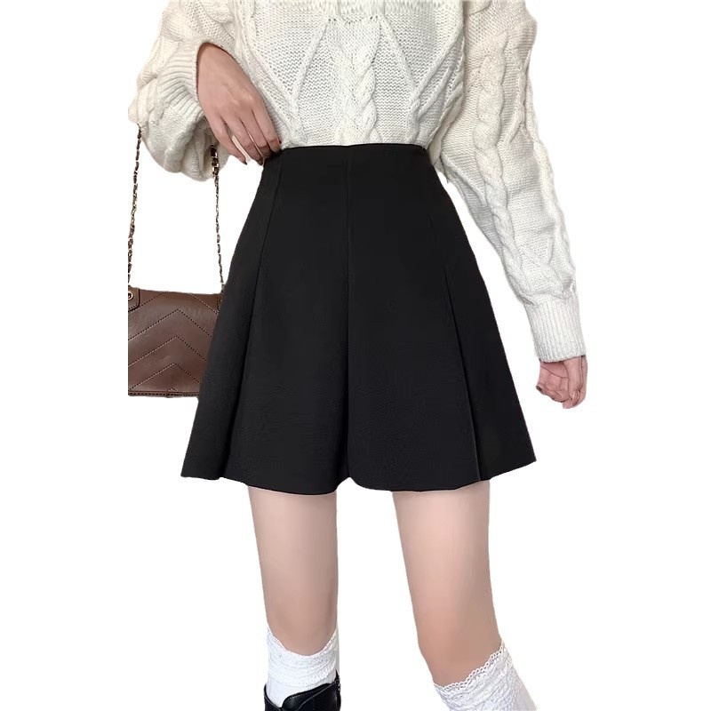 GraceChic Autumn Winter New Woolen Half Women's Clothing Sweater Plus Size High Waist A-line Bodycon Short Slimming Pleated Skirt_voghion.com