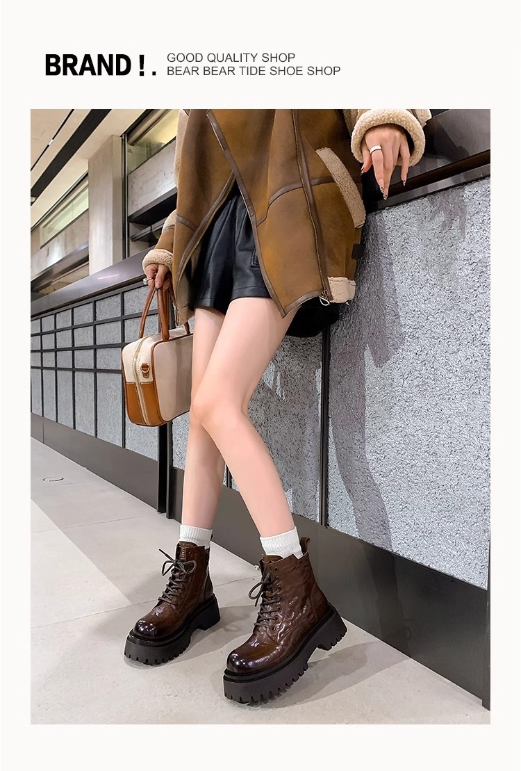 ShoeVault Genuine Leather Martin For Women, Thick Sole, Height Increasing, Chunky Heel, Short Winter New Style, Fleece Lined,_voghion.com