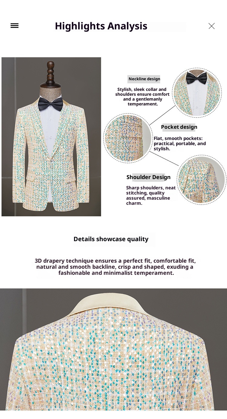 1 Giacca da abito Costume da cantante maschile Ospite di banchetto Abbigliamento formale Spettacolo teatrale Coro Pantaloni aderenti Color Block_voghion.com