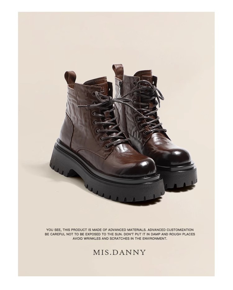 ShoeVault Genuine Leather Martin For Women, Thick Sole, Height Increasing, Chunky Heel, Short Winter New Style, Fleece Lined,_voghion.com