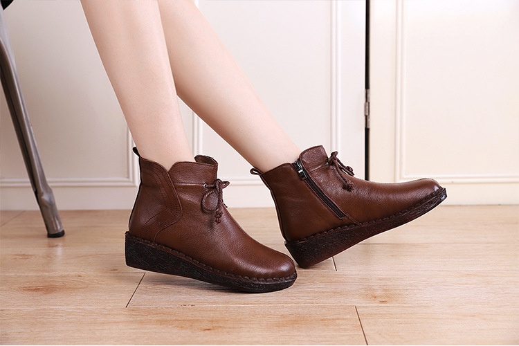 ShoeVault Warm Short For Women Genuine Leather New Wedge Side Zipper Round Toe Retro Shoe Non-Slip Height Increaing Women'_voghion.com