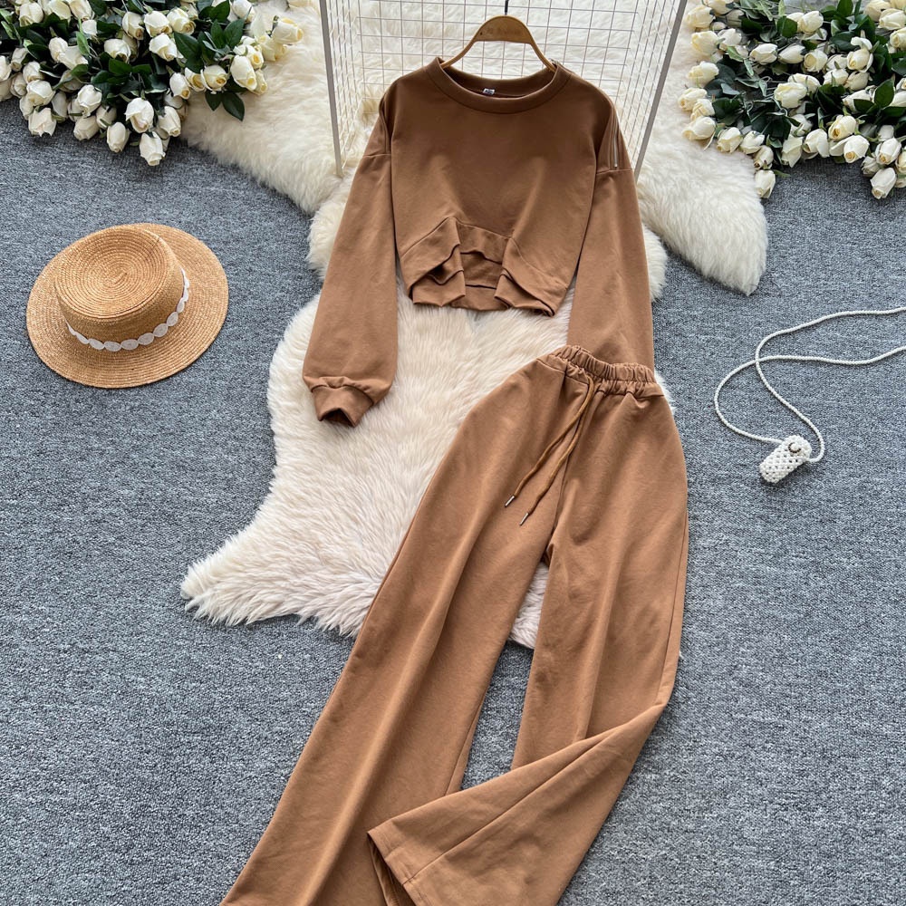 001 Tuta sportiva casual da donna, felpa autunnale a maniche lunghe con scollo rotondo e corto, pantaloni larghi a vita alta e snellenti_voghion.com