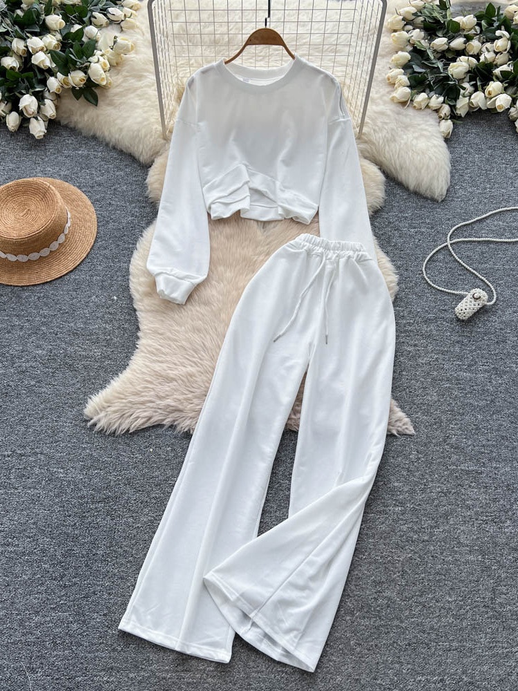 001 Tuta sportiva casual da donna, felpa autunnale a maniche lunghe con scollo rotondo e corto, pantaloni larghi a vita alta e snellenti_voghion.com