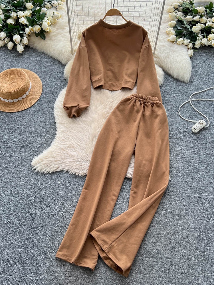 001 Tuta sportiva casual da donna, felpa autunnale a maniche lunghe con scollo rotondo e corto, pantaloni larghi a vita alta e snellenti_voghion.com