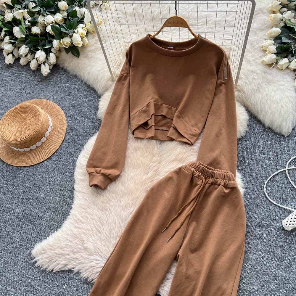 001 Tuta sportiva casual da donna, felpa autunnale a maniche lunghe con scollo rotondo e corto, pantaloni larghi a vita alta e snellenti_voghion.com